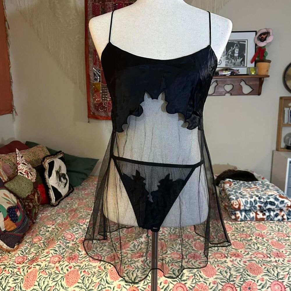 Victoria Secret Rare Sheer Silk Black Matching Slip Set